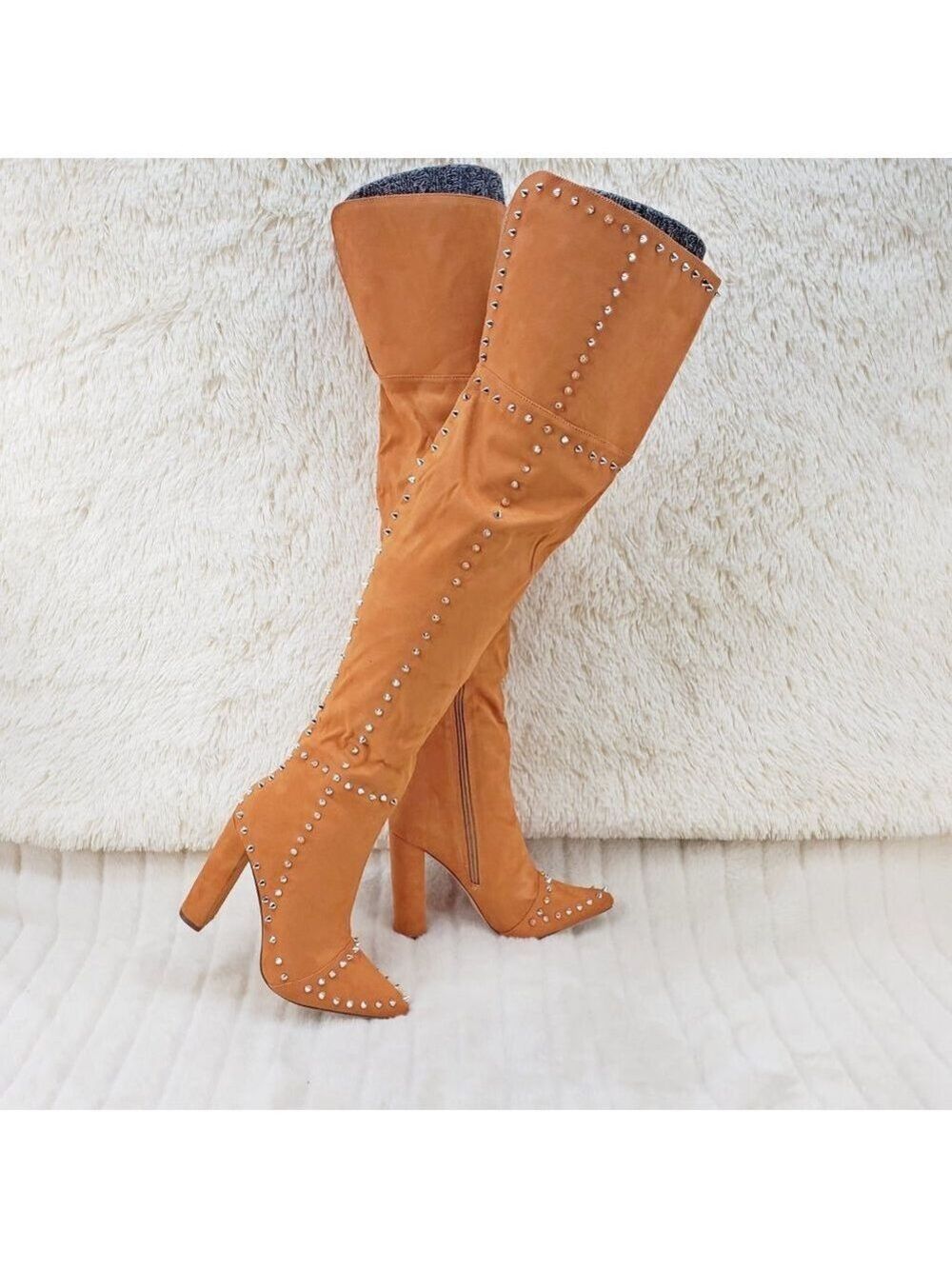 Steph Camel Tan Suede Studded Chunky Heel Thigh High Boots
